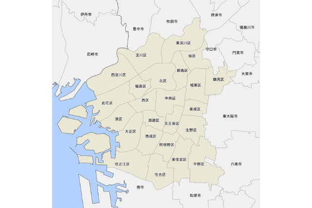 大阪市24区の地図。各区の位置関係が分かるマップ